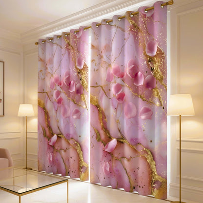 Premium Golden Petal Accents Room Darkening Curtains – Pink & Gold Marble Luxe Designer Drapes for Home