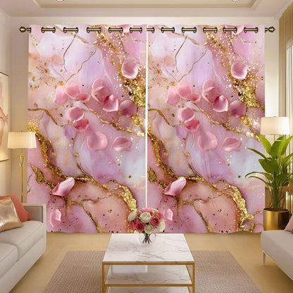 Premium Golden Petal Accents Room Darkening Curtains – Pink & Gold Marble Luxe Designer Drapes for Home