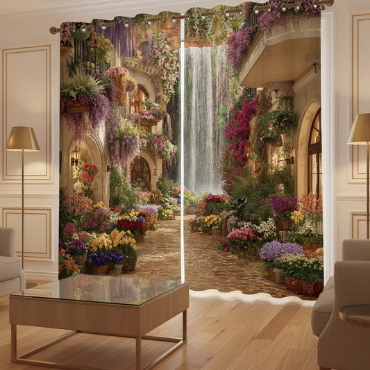 Premium Majestic Waterfalls Designer Room Darkening Curtains – Regal Courtyard Floral Drapes for Modern Living Rooms