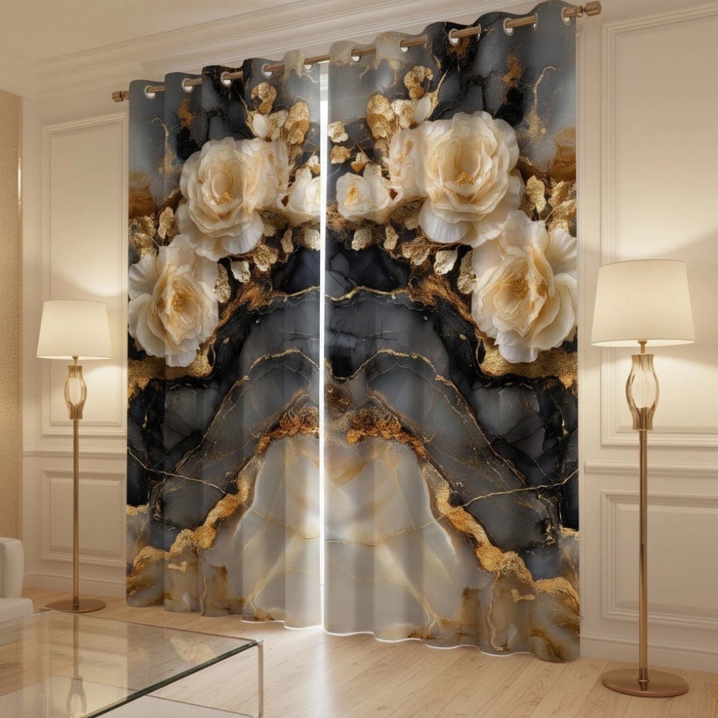 Premium Marble & Golden Florals Room Darkening Curtains – Cream Rose Luxe Designer Home Drapes