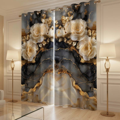 Premium Marble & Golden Florals Room Darkening Curtains – Cream Rose Luxe Designer Home Drapes