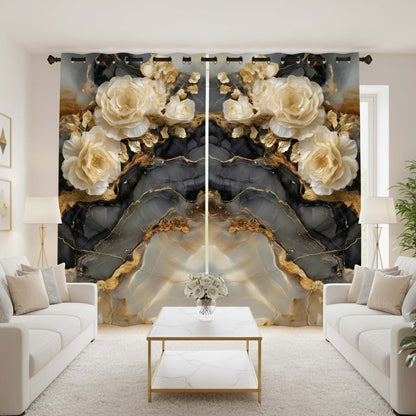 Premium Marble & Golden Florals Room Darkening Curtains – Cream Rose Luxe Designer Home Drapes