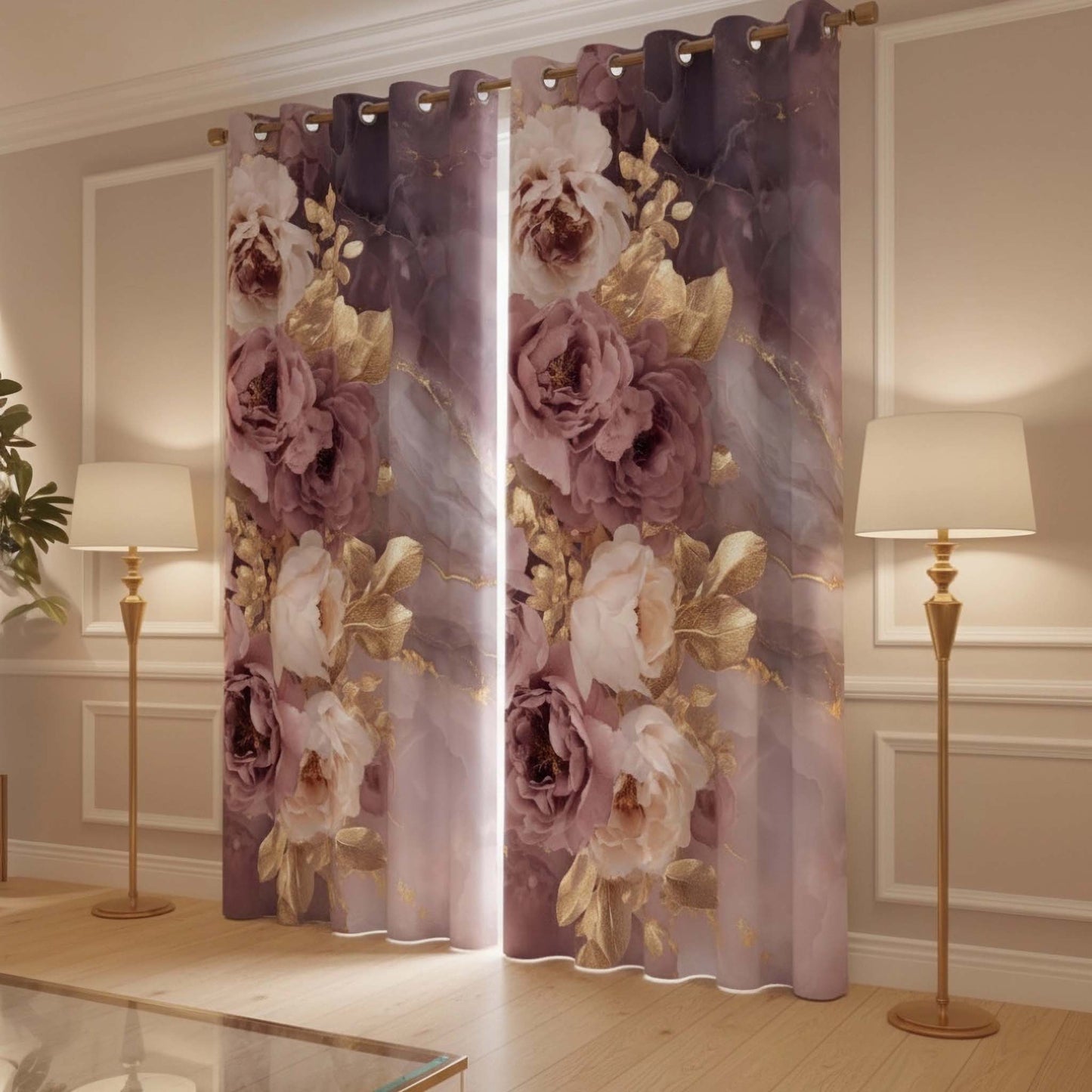 Premium Mauve Floral Room Darkening Curtains – Gold Foil Accents Drapes for Home Interiors