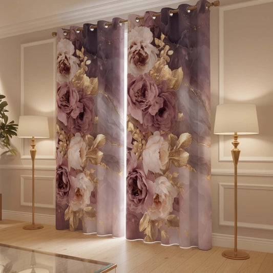 Premium Mauve Floral Room Darkening Curtains – Gold Foil Accents Drapes for Home Interiors