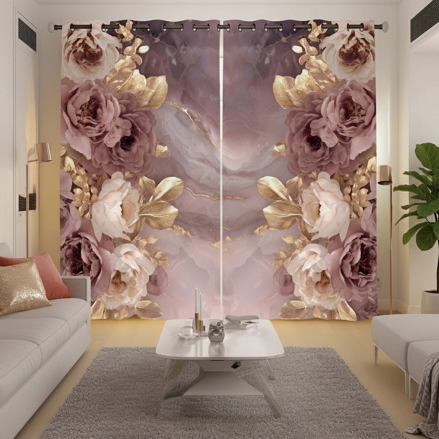 Premium Mauve Floral Room Darkening Curtains – Gold Foil Accents Drapes for Home Interiors