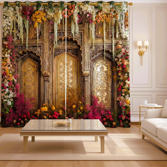 Premium Regal Ornate Golden Room Darkening Curtains – Royal Heritage Floral Drapes for Modern Living Rooms