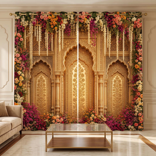 Premium Regal Ornate Golden Room Darkening Curtains – Royal Heritage Floral Drapes for Modern Living Rooms