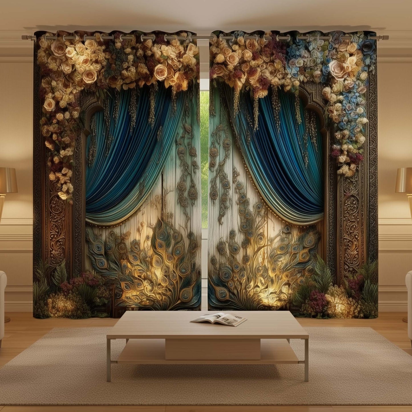 Premium Regal Ornate Roses Room Darkening Curtains – Royal Peacock Majesty Drapes for Modern Living Rooms