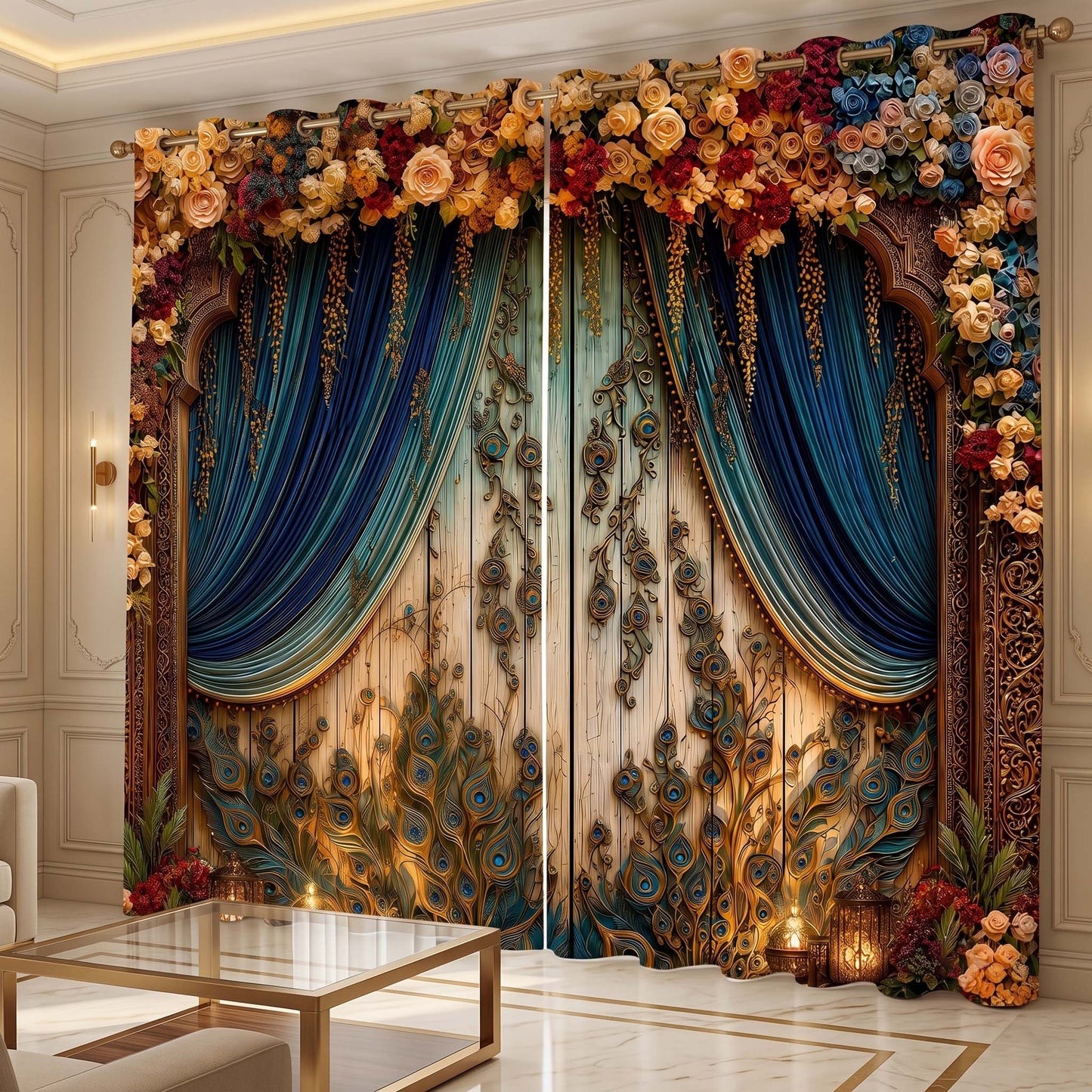 Premium Regal Ornate Roses Room Darkening Curtains – Royal Peacock Majesty Drapes for Modern Living Rooms