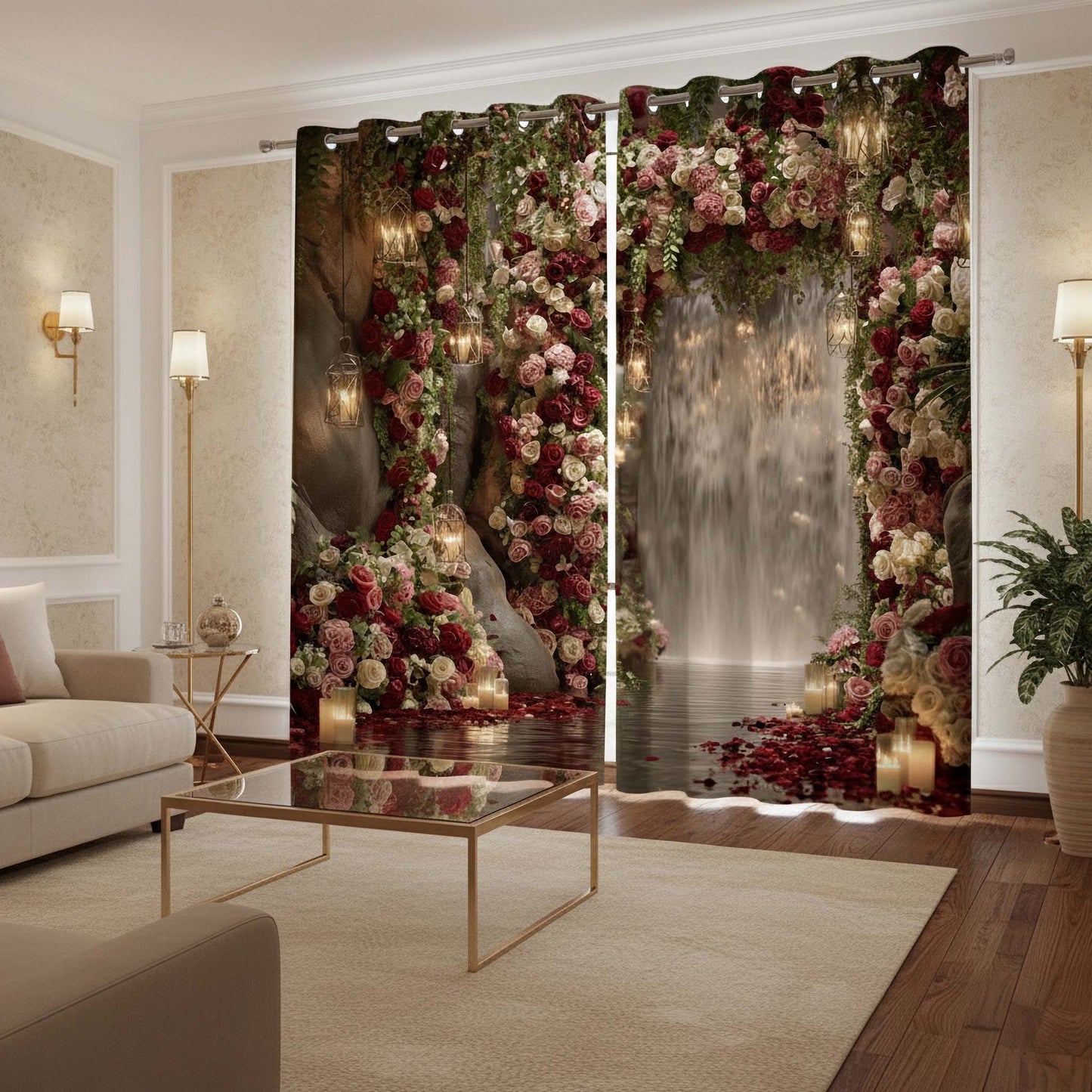 Premium Romantic Waterfalls Designer Room Darkening Curtains – Velvet Rose Garden Drapes for Modern Living Rooms