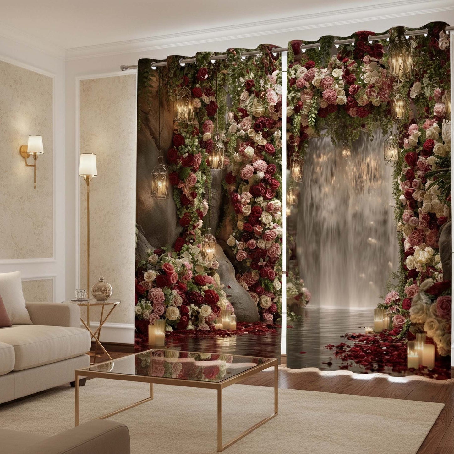 Premium Romantic Waterfalls Designer Room Darkening Curtains – Velvet Rose Garden Drapes for Modern Living Rooms