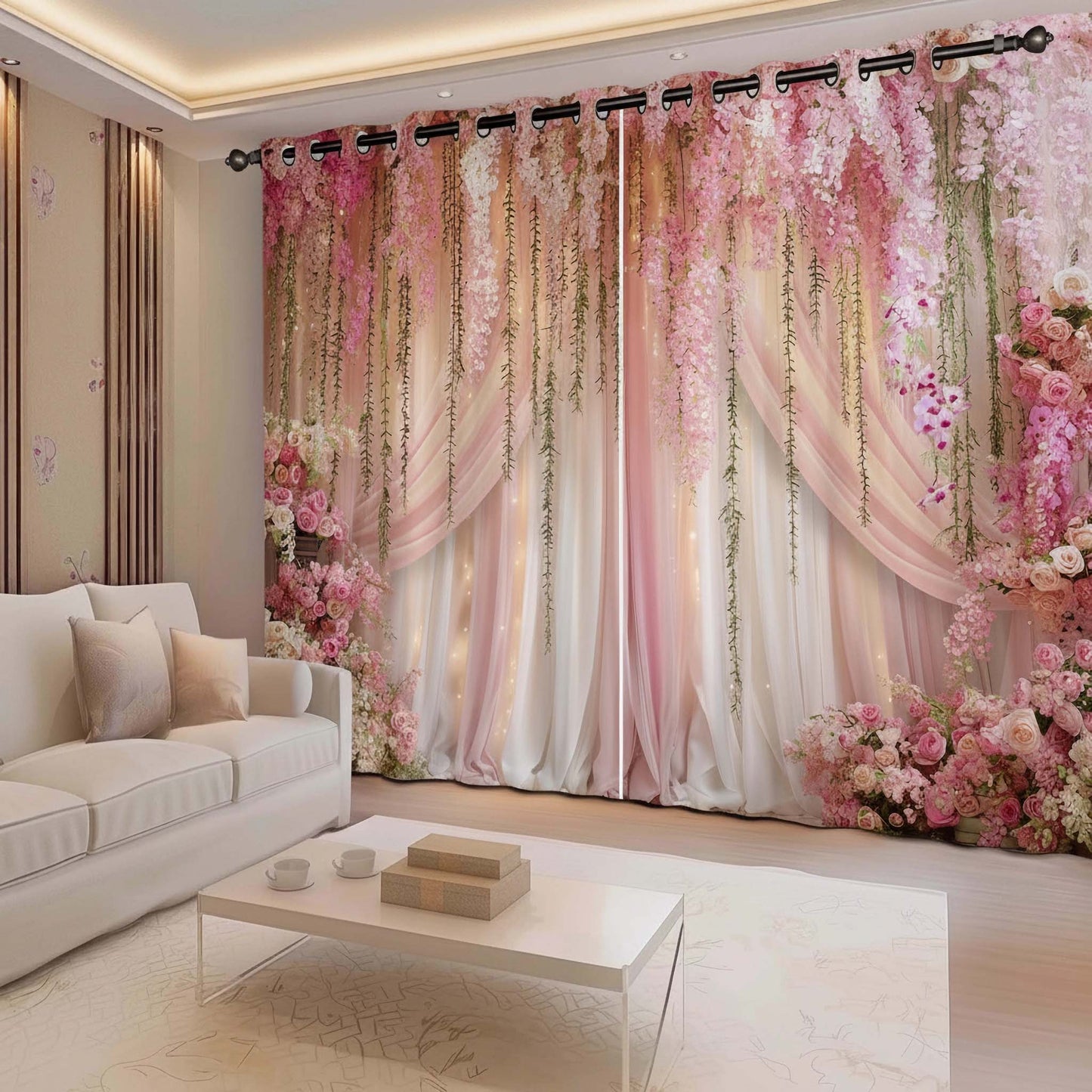 Premium Soft Romantic Room Darkening Curtains – Romantic Pink Blossom Cascade Designer Drapes for Home
