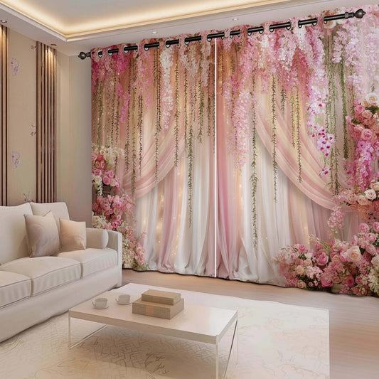 Premium Soft Romantic Room Darkening Curtains – Romantic Pink Blossom Cascade Designer Drapes for Home