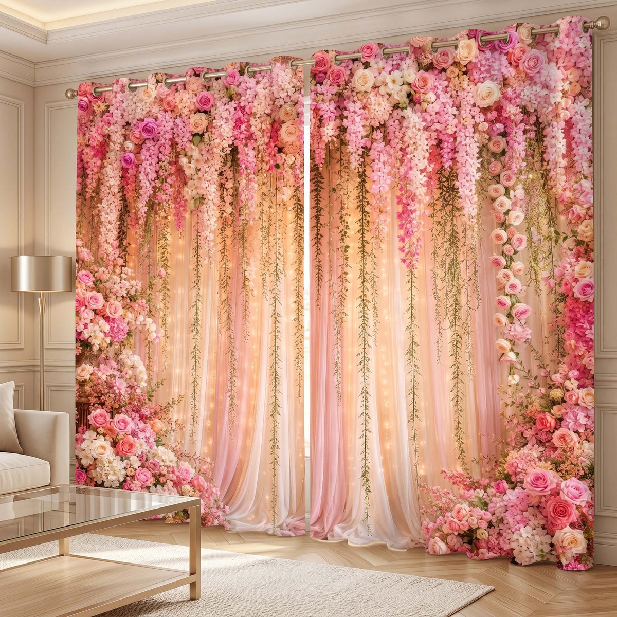 Premium Soft Romantic Room Darkening Curtains – Romantic Pink Blossom Cascade Designer Drapes for Home