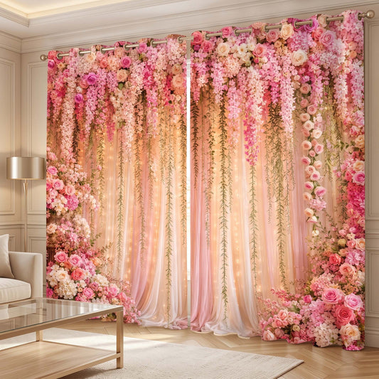Premium Soft Romantic Room Darkening Curtains – Romantic Pink Blossom Cascade Designer Drapes for Home