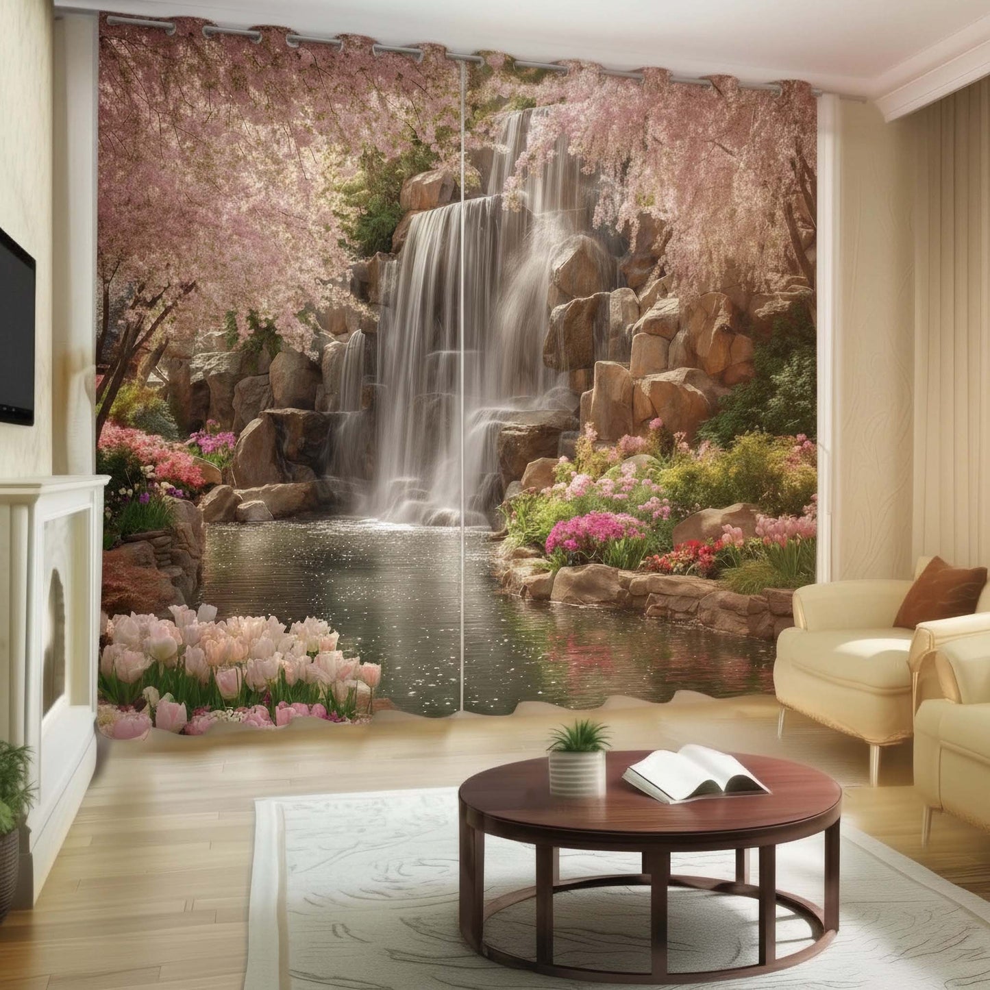 Premium Tranquil Waterfalls Designer Room Darkening Curtains – Cherry Blossoms Drapes for Modern Living Rooms