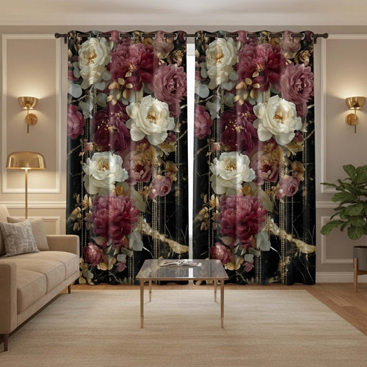 Premium Vintage Black Roses Room Darkening Curtains – Burgundy & White Florals Drapes for Regal Living Room Decor