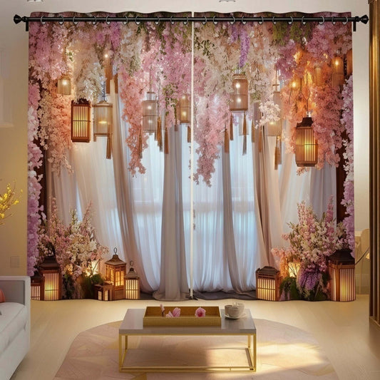 Premium Vintage Lantern & Floral Room Darkening Curtains – Pink & White Flowers Designer Living Room Drapes