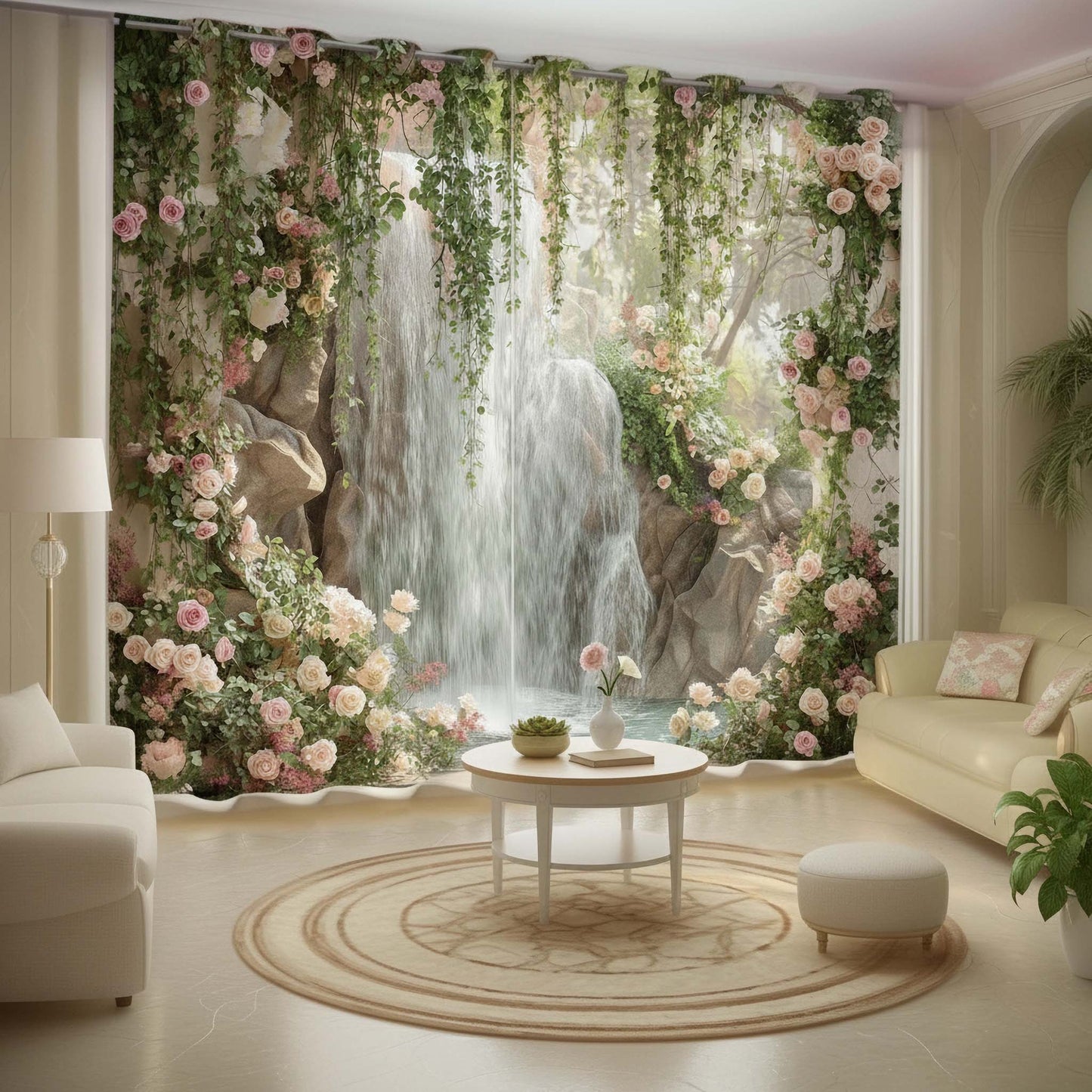 Premium Waterfalls Oasis Designer Room Darkening Curtains – Lush Green Vines & Blush Pink Roses Drapes for Modern Living Rooms