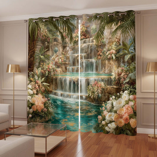 Premium Waterfalls Designer Room Darkening Curtains – Tropical Palms & Soft Pastel Florals Drapes for Modern Living Rooms