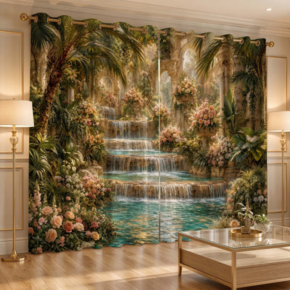 Premium Waterfalls Designer Room Darkening Curtains – Tropical Palms & Soft Pastel Florals Drapes for Modern Living Rooms