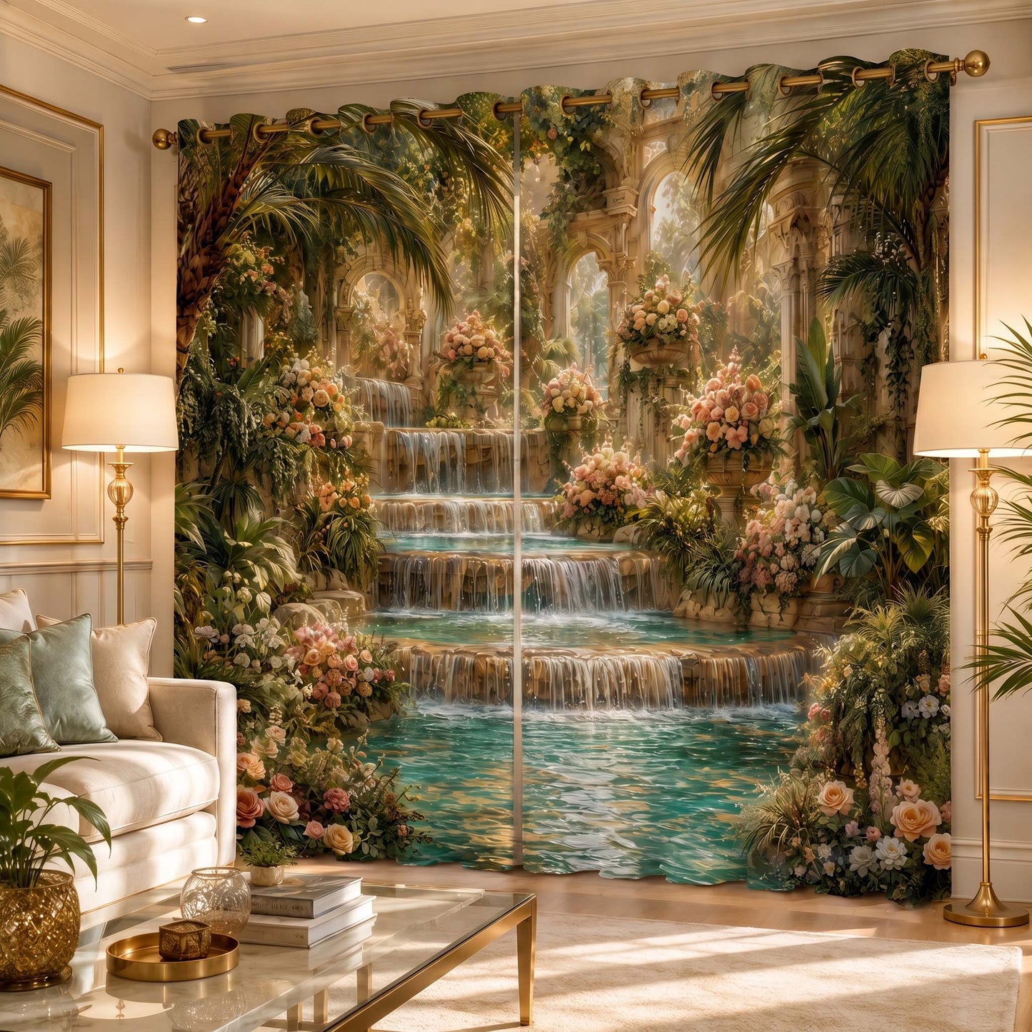 Premium Waterfalls Designer Room Darkening Curtains – Tropical Palms & Soft Pastel Florals Drapes for Modern Living Rooms