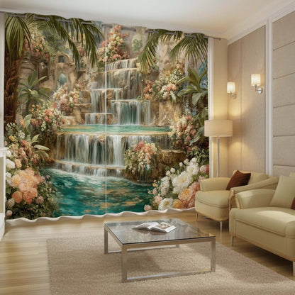 Premium Waterfalls Designer Room Darkening Curtains – Tropical Palms & Soft Pastel Florals Drapes for Modern Living Rooms