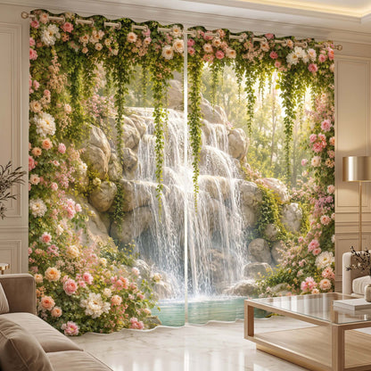 Premium Waterfalls Oasis Designer Room Darkening Curtains – Lush Green Vines & Blush Pink Roses Drapes for Modern Living Rooms