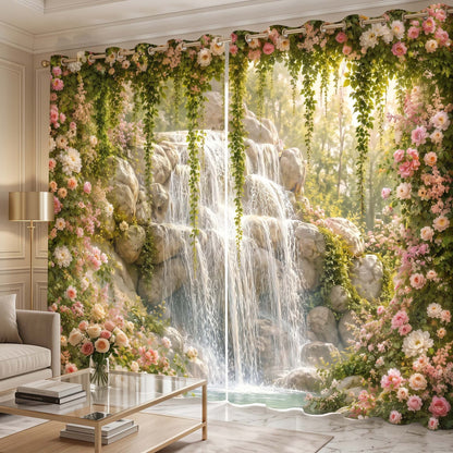 Premium Waterfalls Oasis Designer Room Darkening Curtains – Lush Green Vines & Blush Pink Roses Drapes for Modern Living Rooms