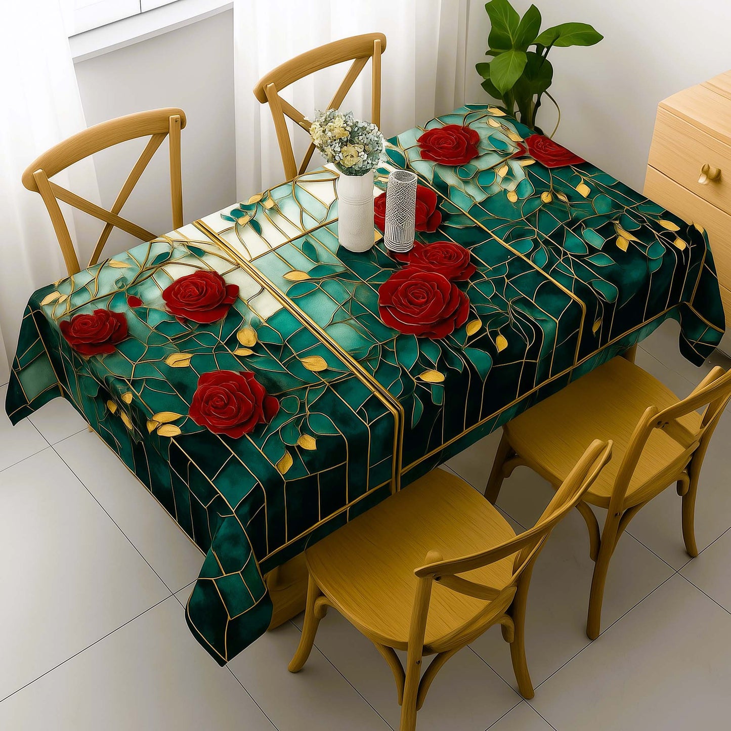Red Rose Floral Green & Gold Table Cover – Premium Dining Table Cloth for Elegant Home Decor