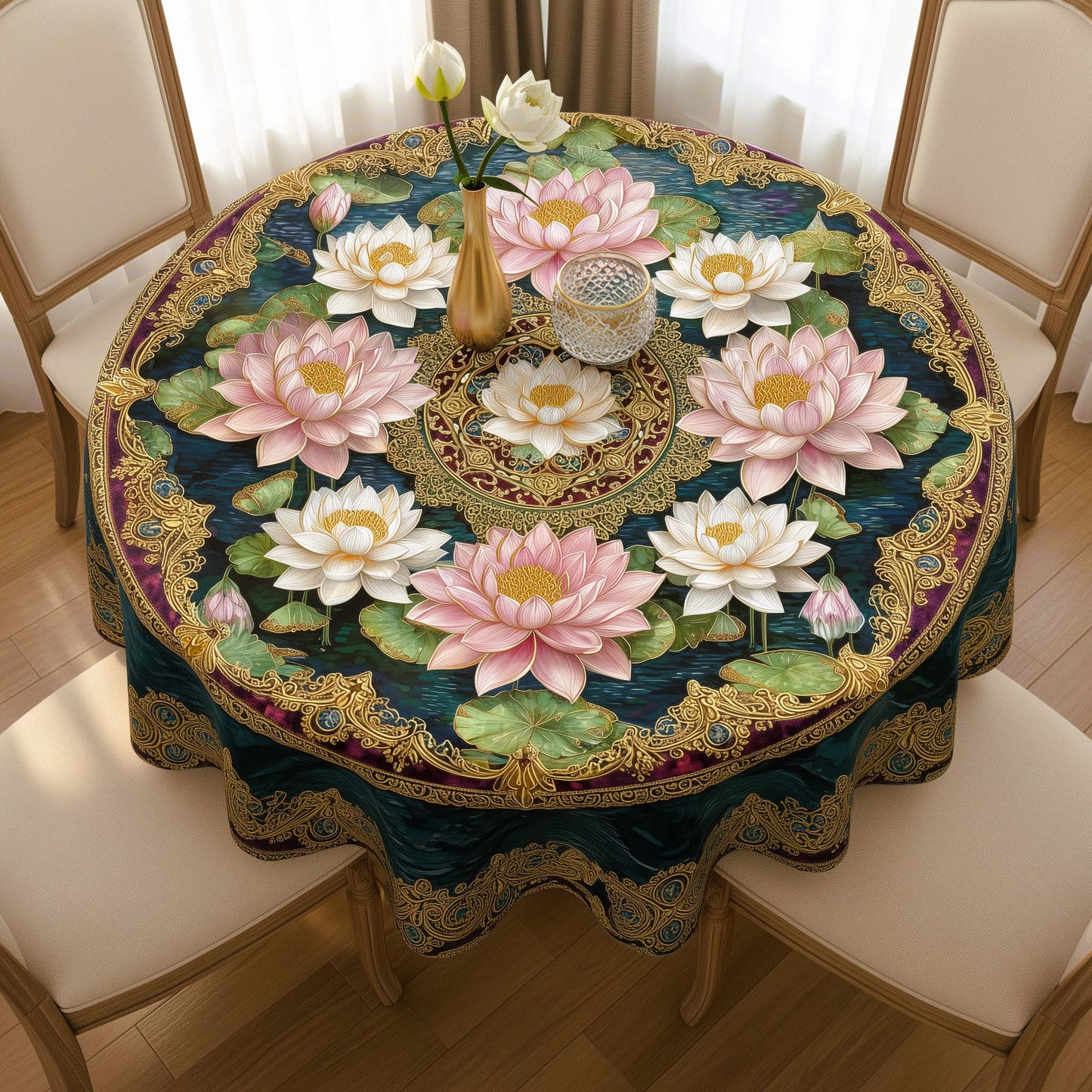 Regal Lotus Garden Round Table Cover – Classic Luxury Tablecloth for Home & Festive Decor