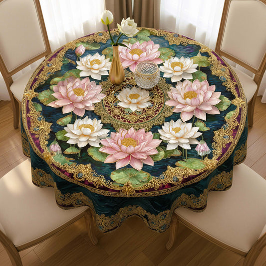 Regal Lotus Garden Round Table Cover – Classic Luxury Tablecloth for Home & Festive Decor