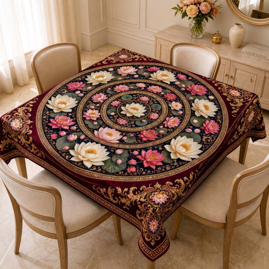 Regal Lotus Medallion Floral Square Table Cover – Elegant Tablecloth for Festive & Everyday Dining