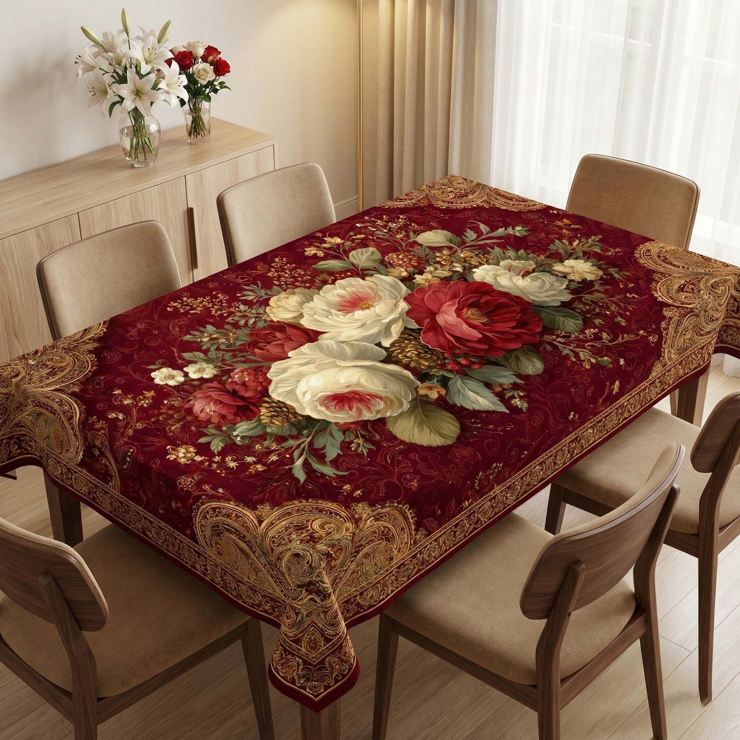 Regal Rosewood Floral Table Cover – Rich Gold & Romantic Bloom Tablecloth for Luxurious Dining Decor