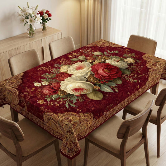 Regal Rosewood Floral Table Cover – Rich Gold & Romantic Bloom Tablecloth for Luxurious Dining Decor