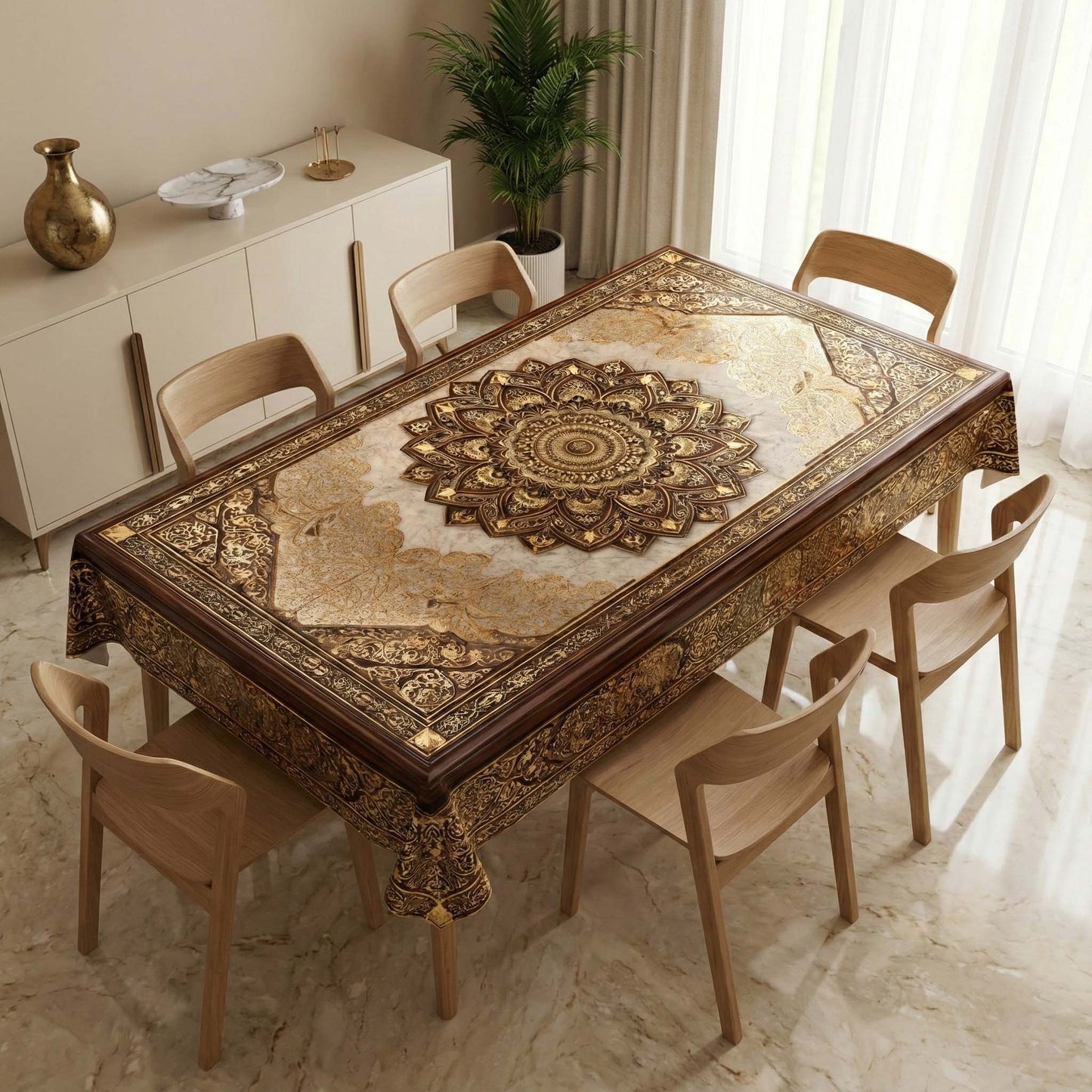 Regal Sandstone Gold Mandala Table Cover – Luxury Dining Tablecloth for Modern Homes