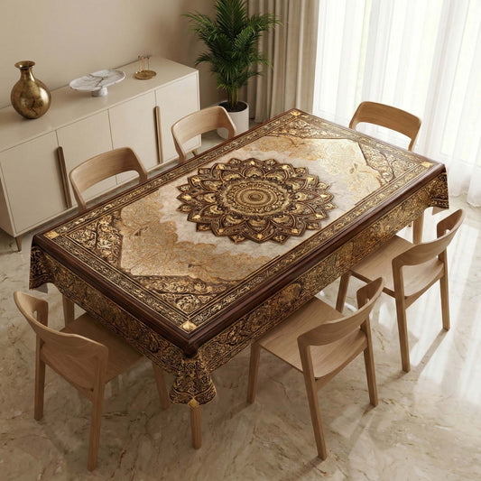 Regal Sandstone Gold Mandala Table Cover – Luxury Dining Tablecloth for Modern Homes