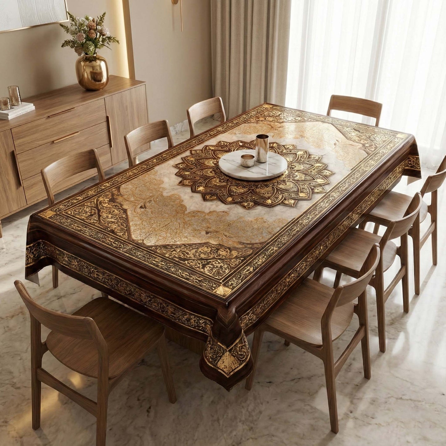 Regal Sandstone Gold Mandala Table Cover – Luxury Dining Tablecloth for Modern Homes
