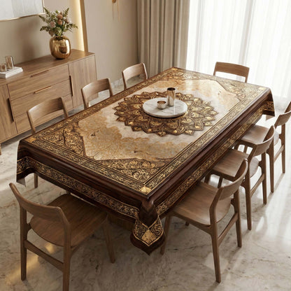 Regal Sandstone Gold Mandala Table Cover – Luxury Dining Tablecloth for Modern Homes
