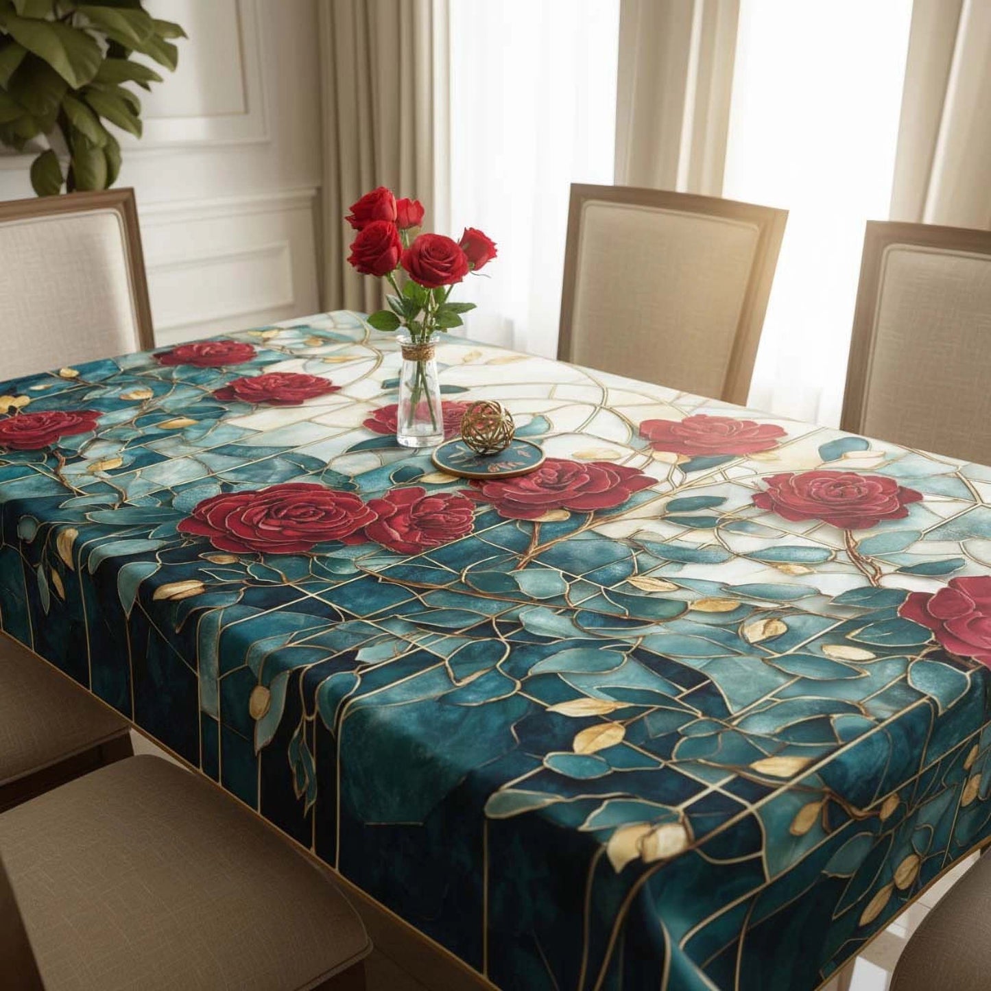 Royal Roses & Gold Floral Table Cover – Premium Dining Table Cloth for Elegant Home Decor