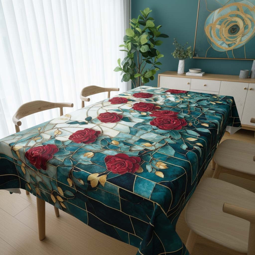 Royal Roses & Gold Floral Table Cover – Premium Dining Table Cloth for Elegant Home Decor