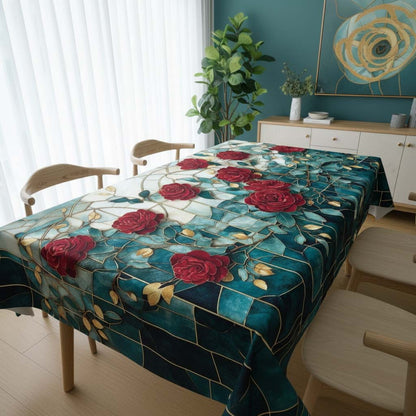 Royal Roses & Gold Floral Table Cover – Premium Dining Table Cloth for Elegant Home Decor