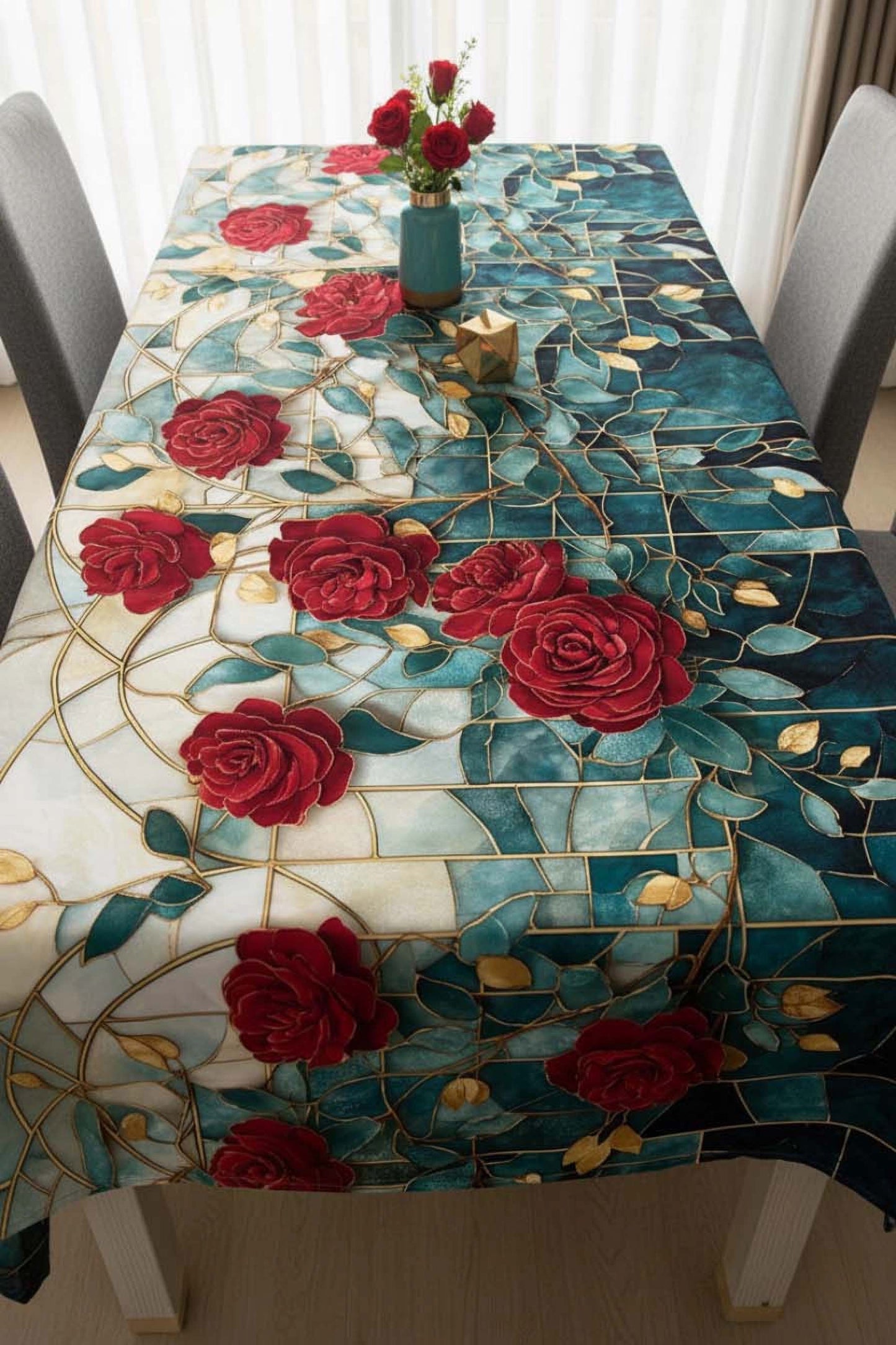 Royal Roses & Gold Floral Table Cover – Premium Dining Table Cloth for Elegant Home Decor