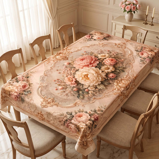 Rosewater Rococo Designer Rectangular Table Cover – Elegant Floral Dining Table Cloth for Homes