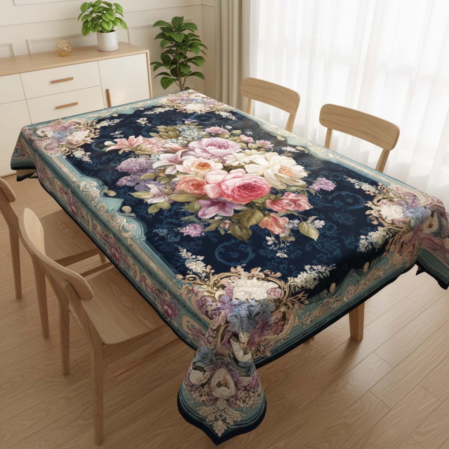 Royal Blue Floral Table Cover – Premium Dining Table Cloth for Elegant Home Decor