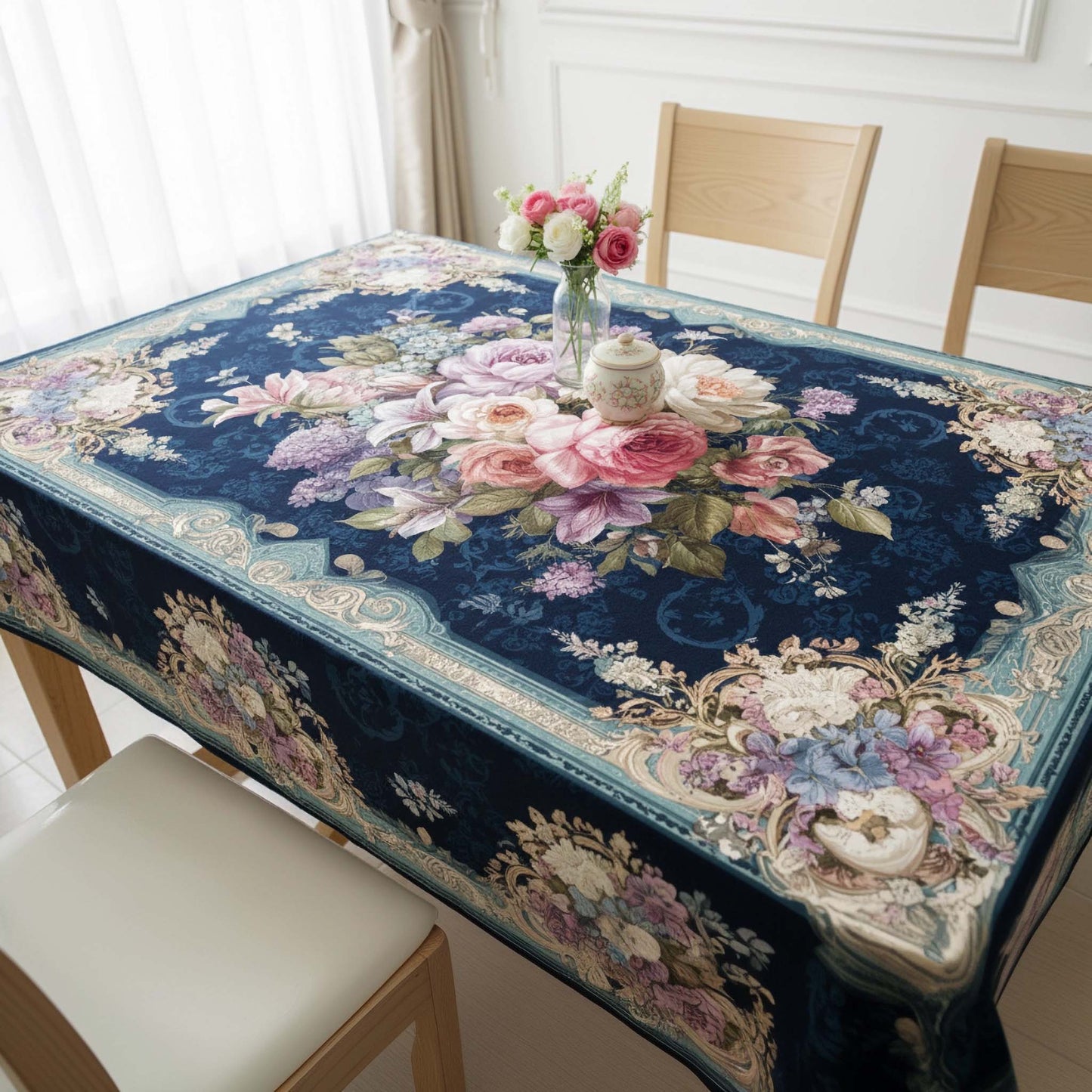 Royal Blue Floral Table Cover – Premium Dining Table Cloth for Elegant Home Decor
