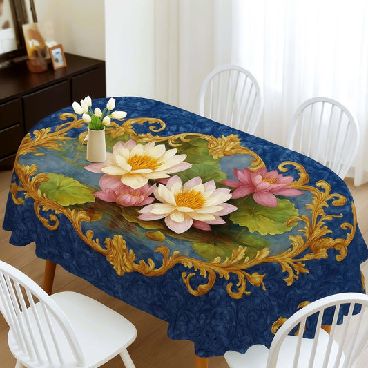 Royal Blue Lotus Pond Oval Table Cover – Luxury Floral & Water Lily Dining Tablecloth