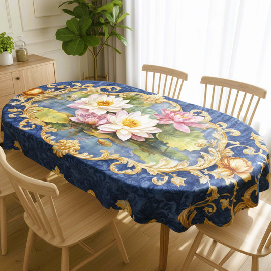 Royal Blue Lotus Pond Oval Table Cover – Luxury Floral & Water Lily Dining Tablecloth