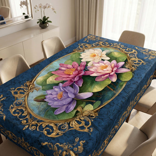 Royal Blue Lotus Pond Table Cover – Luxury Floral & Water Lily Dining Tablecloth