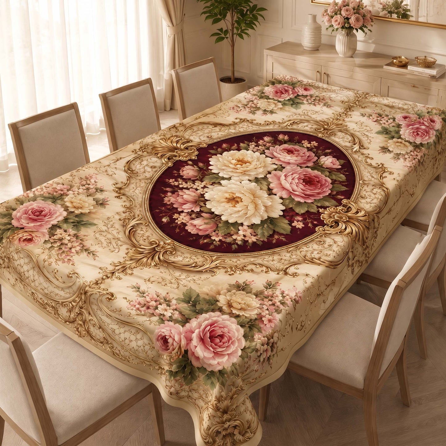 Royal Chateau Rose Designer Table Cover – Luxury Dining Tablecloth for Home